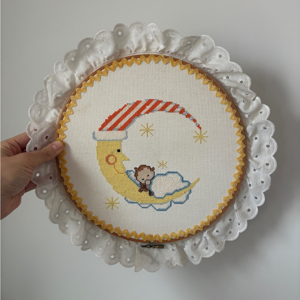 Vintage Cross Stitch Hoop Wall Decor Baby Nursery Monkey Moon Cottagecore